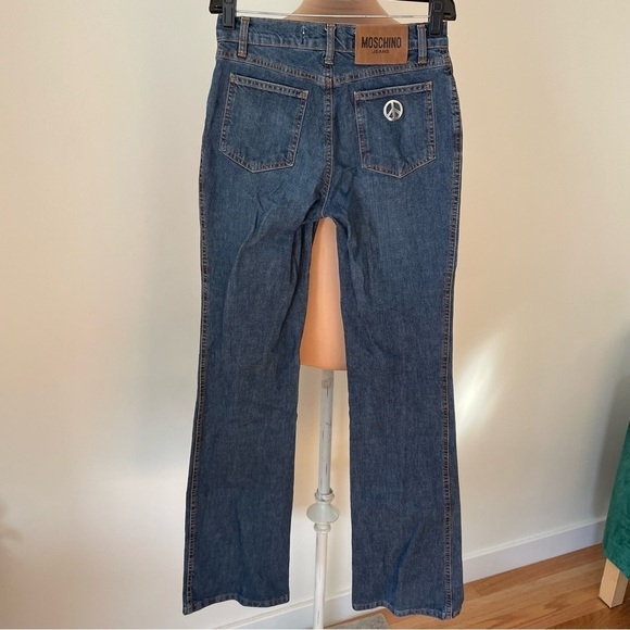 Moschino Peace Sign Vintage Y2K 2000 Mid-Rise Stretch Denim Bootcut Jeans EUC 26 - Picture 2 of 10